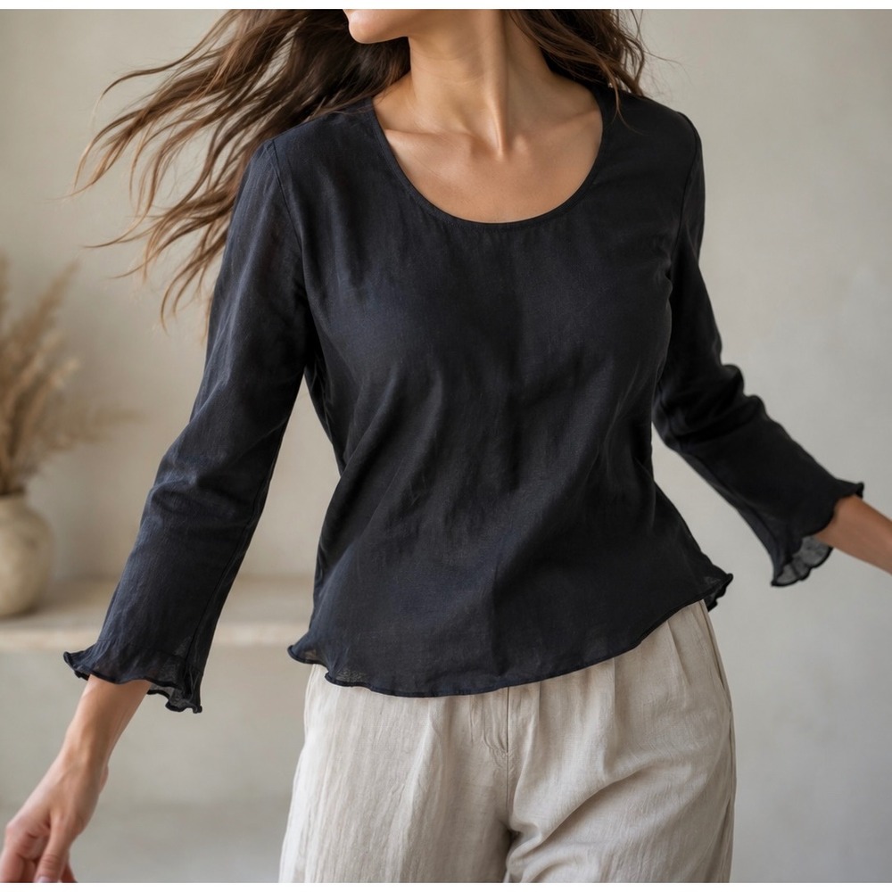 AHNI Linen Top Women Size 0 Black Good Scalloped Lettuce Hem‎ 3/4 Sleeve